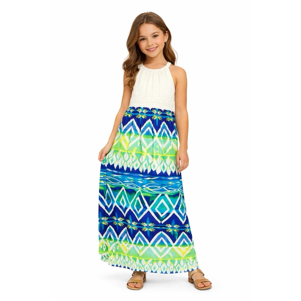 My Michelle Girls Maxi Dress Size 10 Crochet Top Sleeveless Halter Geometric